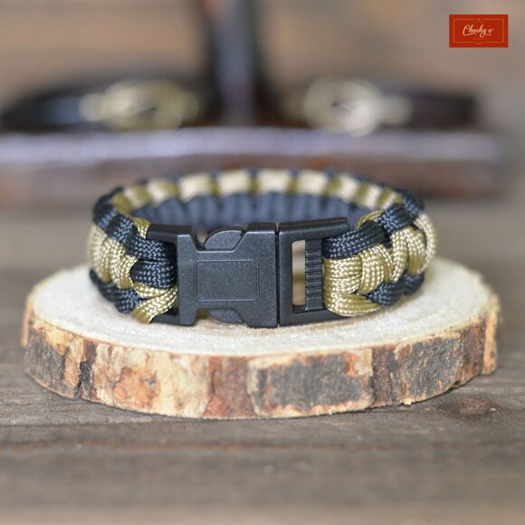 Paracord Bracelet/Survival Bracelet Side Release Buckle Black/Khaki L 8"(ID 183) - Picture 1 of 2